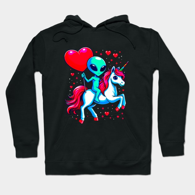 Funny Valentine Day Believer Ufo Alien Riding Unicorn Hoodie by Outrageous Flavors